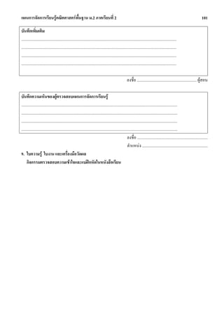 แผนการจัดการเรียนรูคณิตศาสตรพื้นฐาน ม.2 ภาคเรียนที่ 2                                                                                                                           101

บันทึกเพิ่มเติม
............................................................................................................................................................
............................................................................................................................................................
............................................................................................................................................................
............................................................................................................................................................

                                                                                                          ลงชื่อ ............................................................ ผูสอน

บันทึกความเห็นของผูตรวจสอบแผนการจัดการเรียนรู
.............................................................................................................................................................
.............................................................................................................................................................
.............................................................................................................................................................
.............................................................................................................................................................
                                                                                                          ลงชื่อ .......................................................................
                                                                                                           ตําแหนง ..................................................................
9. ใบความรู ใบงาน และเครื่องมือวัดผล
     กิจกรรมตรวจสอบความเขาใจและแบฝกหัดในหนังสือเรียน
 