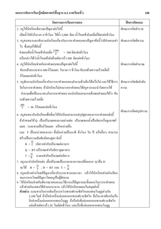 แผนการจัดการเรียนรูคณิตศาสตรพื้นฐาน ม.2 ภาคเรียนที่ 2                                                          108

                                 กิจกรรมการเรียนการสอน                                           ฝกการคิดแบบ
 2. ครูใหนักเรียนพิจารณาปญหาตอไปนี้                                                       ทักษะการคิดสํารวจ
    เปดน้ําใสถังในเวลา 4 ชั่วโมง ไดนํา 2,000 ลิตร น้ําไหลเขาถังเฉลี่ยกี่ลิตรตอชั่วโมง
                                        ้
 3. ครูสนทนาและซักถามนักเรียนเกี่ยวกับการหาคําตอบของปญหาขอนี้วามีคําตอบเทา               ทักษะการคิดตีความ
    ไร ซึ่งสรุปไดดังนี้
   คําตอบคือน้ําไหลเขาถังเฉลี่ย 2,000 = 500 ลิตรตอชั่วโมง
                                    4
   หรือกลาวไดวาน้ําไหลเขาถังดวยอัตราเร็ว 500 ลิตรตอชั่วโมง
 4. ครูใหนกเรียนชวยกันหาคําตอบของปญหาตอไปนี้
             ั                                                                               ทักษะการคิดคํานวณ
    ขับรถดวยระยะทาง 480 กิโลเมตร ในเวลา 5 ชั่วโมง ขับรถดวยความเร็วเฉลี่ยกี่
    กิโลเมตรตอชั่วโมง
 5. ครูซักถามนักเรียนเกี่ยวกับการหาคําตอบของคําถามขางตนไดหรือไม และใชวิธีการ            ทักษะการคิดจัดลําดับ
   ใดในการหาคําตอบ ถานักเรียนไมสามารถหาคําตอบไดครูควรแนะนําโดยการใช                      ความ
     คําถามเพื่อเปนแนวทางในการหาคําตอบ จนนักเรียนสามารถคนพบคําตอบไดวา ขับ
   รถดวยความเร็วเฉลี่ย
    480
     5 = 96 กิโลเมตรตอชั่วโมง
                                                                                             ทักษะการคิดสรุปความ
 6. ครูสนทนากับนักเรียนเพื่อที่จะใหนักเรียนสามารถสรุปสูตรของการหาคําตอบดังนี้
   ถากําหนดให Q เปนปริมาณของบางอยางเชน ปริมาณของน้ําเปนลิตรหรือลูกบาศก
   เมตร ระยะทางเปนกิโลเมตร หรือหนวยอื่น
    และ T เปนหนวยของเวลา ซึ่งมีหนวยเปนนาที ชั่วโมง วัน ป หรืออื่นๆ สามารถ
   สรางเปนความสัมพันธของสูตร ดังนี้
              Q
         R = T (อัตราเทากับปริมาณตอเวลา)
         Q = RT (ปริมาณเทากับอัตราคูณเวลา)
         T = Q (เวลาเทากับปริมาณตออัตรา)
              R
 7. ครูแนะนํานักเรียนตอ เมื่อปริมาณเปนระยะทางเราจะเปลี่ยนจาก Q เปน D
    จะได R = D , D = RT และ T = D
                   T                         R
 8. ครูยกตัวอยางโจทยปญหาเกี่ยวกับระยะทางและเวลา แลวใหนักเรียนชวยกันเขียน
    สมการจากโจทยปญหาโดยครูเปนผูซักถาม
 9. ใหนกเรียนชวยกันพิจารณาเสนอแนะวิธีการแกปญหาและขั้นตอนในการหาคําตอบ
         ั
    แลวชวยกันแสดงวิธีทําบนกระดาน แลวใหนักเรียนจดลงในสมุดดังนี้
    ตัวอยาง ระยะทางในการเดินเรือระหวางซานฟรานซิสโกและฮอนโนลูลูหางกัน
            2,100 ไมล ถาเรือลําหนึ่งแลนออกจากซานฟรานซิสโก ซึ่งในเวลาเดียวกันเรือ
            อีกลําหนึ่งแลนออกจากฮอนโนลูลู ถาเรือลําที่แลนออกจากซานฟรานซิสโก
            แลนดวยอัตราเร็ว 20 ไมลตอชั่วโมง และเรือที่แลนออกจากฮอนโนลูลู
 