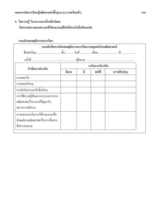 แผนการจัดการเรียนรูคณิตศาสตรพื้นฐาน ม.2 ภาคเรียนที่ 2                                                                                                            116

9. ใบความรู ใบงาน และเครื่องมือวัดผล
   กิจกรรมตรวจสอบความเขาใจและแบบฝกหัดในหนังสือเรียนแม็ค


    แบบสังเกตพฤติกรรมการเรียน
                           แบบบันทึกการสังเกตพฤติกรรมการเรียนรายบุคคลวิชาคณิตศาสตร
       ชื่อนักเรียน .................................. ชั้น ........... วันที่ ................ เดือน ............................ ป ....................
       ครั้งที่ ............................................................... ผูสังเกต ......................................................................
                                                                                              ระดับการประเมิน
          หัวขอการประเมิน
                                                                 ดีมาก                  ดี             พอใช                      ควรปรับปรุง
 ความสนใจ
 การตอบคําถาม
 การทํากิจกรรมหนาชั้นเรียน
 การใชความรูทักษะ/กระบวนการทาง
 คณิตศาสตรในการแกปญหาใน
 สถานการณตางๆ
 ความสามารถในการใชภาษาและสื่อ
 ลักษณทางคณิตศาสตรในการสื่อสาร
 สื่อความหมาย
 