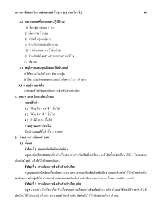 แผนการจัดการเรียนรูคณิตศาสตรพื้นฐาน ม.2 ภาคเรียนที่ 2                                                                      90

    3.2 กระบวนการขั้นตอนการปฏิบัติงาน
          1) จัดกลุม กลุมละ 3 คน
         2) เลือกหัวหนากลุม
         3) หัวหนากลุมแบงงาน
         4) รวมกันจัดทําบัตรกิจกรรม
          5) นําเสนอผลงานหนาชั้นเรียน
         6) รวมกันทํากิจกรรมตรวจสอบความเขาใจ
        7) สงงาน
    3.4 พฤติกรรมตามคุณลักษณะพึงประสงค
        1) ใหความรวมมือในการทํางานกลุม
        2) มีความละเอียดรอบคอบและรับผิดชอบในการทํางาน
   3.5 ความรูความเขาใจ
        นักเรียนเขาใจวิธีการแกสมการเชิงเสนตัวแปรเดียว
4. แนวทางการวัดและประเมินผล
         เกณฑขั้นต่ํา
         4.1 ไดระดับ “ พอใช ” ขึ้นไป
         4.2 ไดระดับ “ ดี ” ขึ้นไป
         4.3 ทําได 80 % ขึ้นไป
         การสรุปผลการประเมิน
         ตองผานเกณฑขั้นต่ําทั้ง 3 รายการ
5. กิจกรรมการเรียนการสอน
    5.1 ขั้นนํา
         ชั่วโมงที่ 1 สมการเชิงเสนตัวแปรเดียว
         ครูและนักเรียนสนทนาเกี่ยวกับเรื่องของสมการเชิงเสนที่เคยเรียนมาแลวในชั้นมัธยมศึกษาปที่ 1 โดยการยก
ตัวอยางโจทย แลวใหนักเรียนหาคําตอบ
         ชั่วโมงที่ 2 การแกสมการเชิงเสนตัวแปรเดียว
         ครูสนทนากับนักเรียนเกี่ยวกับความหมายของสมการเชิงเสนตัวแปรเดียว และยกตัวอยางใหนักเรียนชวยกัน
หาคําตอบ หรือสุมใหนักเรียนยกตัวอยางสมการเชิงเสนตัวแปรเดียว และทบทวนเรื่องของสมบัติการเทากัน
         ชั่วโมงที่ 3 การแกสมการเชิงเสนตัวแปรเดียว (ตอ)
         ครูส นทนากั บ นั ก เรีย นเกี่ ย วกับ เรื่อ งของการแก ส มการเชิ งเส น ตั ว แปรเดี ยวโยการใช ส มบั ติ ก ารเท ากัน ที่
นักเรียนไดเรียนมาแลวเปนการทบทวนหรือยกตัวอยางโจทยแลวใหนักเรียนชวยกันหาคําตอบ
 