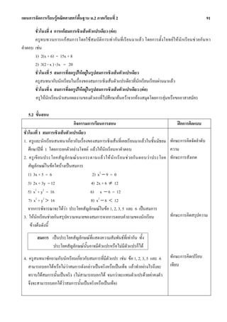 แผนการจัดการเรียนรูคณิตศาสตรพื้นฐาน ม.2 ภาคเรียนที่ 2                                                              91

       ชั่วโมงที่ 4 การแกสมการเชิงเสนตัวแปรเดียว (ตอ)
       ครูท บทวนการแก สมการโดยใช ส มบั ติ ก ารเท ากั น ที่ เรียนมาแล ว โดยการตั้ งโจทยให นั ก เรียนช วยกั น หา
คําตอบ เชน
       1) 2(x + 6) = 15x + 8
       2) 3(2 - x ) -3x = 20
       ชั่วโมงที่ 5 สมการที่ลดรูปใหอยูในรูปสมการเชิงเสนตัวแปรเดียว
       ครูสนทนากับนักเรียนในเรื่องของสมการเชิงเสนตัวแปรเดียวที่นกเรียนเรียนผานมาแลว
                                                                      ั
       ชั่วโมงที่ 6 สมการที่ลดรูปใหอยูในรูปสมการเชิงเสนตัวแปรเดียว (ตอ)
       ครูใหนักเรียนนําเสนอผลงานของตัวเองที่ไปศึกษาคนควาจากหองสมุดโดยการสุมหรือขออาสาสมัคร

    5.2 ขั้นสอน
                                กิจกรรมการเรียนการสอน                                             ฝกการคิดแบบ
 ชั่วโมงที่ 1 สมการเชิงเสนตัวแปรเดียว
 1. ครูและนักเรียนสนทนาเกี่ยวกับเรื่องของสมการเชิงเสนที่เคยเรียนมาแลวในชั้นมัธยม            ทักษะการคิดจัดลําดับ
     ศึกษาปที่ 1 โดยการยกตัวอยางโจทย แลวใหนกเรียนหาคําตอบ
                                                 ั                                            ความ
 2. ครู เขี ย นประโยคสั ญ ลั ก ษณ บ นกระดานแล ว ให นั ก เรี ย นช ว ยกั น ตอบว า ประโยค   ทักษะการสังเกต
     สัญลักษณในขอใดบางเปนสมการ
     1) 3x + 5 = 6                        2) x2 − 9 = 0
     3) 2x + 3y = 12                     4) 2x + 6 ≠ 12
     5) x2 + y2 = 16                     6) x − 6 = 12
     7) x2 + y2 > 16                     8) x2 − 6 < 12
     จากการพิจารณาจะไดวา ประโยคสัญลักษณในขอ 1, 2, 3, 5 และ 6 เปนสมการ
 3. ใหนกเรียนชวยกันสรุปความหมายของสมการจากการตอบคําถามของนักเรียน
          ั                                                                                   ทักษะการคิดสรุปความ
      ขางตนดังนี้

         สมการ เปนประโยคสัญลักษณที่แสดงความสัมพันธที่เทากัน ทั้ง
                ประโยคสัญลักษณนั้นอาจมีตัวแปรหรือไมมีตัวแปรก็ได

 4. ครูสนทนาซักถามกับนักเรียนเกี่ยวกับสมการที่มีตัวแปร เชน ขอ 1, 2, 3, 5 และ 6              ทักษะการคิดเปรียบ
    สามารถบอกไดหรือไมวาสมการดังกลาวเปนจริงหรือเปนเท็จ แลวทําอยางไรถึงจะ               เทียบ
    ทราบไดสมการนั้นเปนจริง (ไมสามารถบอกได จนกวาจะแทนตัวแปรดวยคาคงตัว
    จึงจะสามารถบอกไดวาสมการนั้นเปนจริงหรือเปนเท็จ)
 
