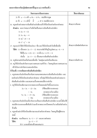 แผนการจัดการเรียนรูคณิตศาสตรพื้นฐาน ม.2 ภาคเรียนที่ 2                                                   94

                                   กิจกรรมการเรียนการสอน                             ฝกการคิดแบบ
             3) ถา a = b แลว a ×c = b × c สมบัติการคูณ
                                 a b
            4) ถา a = b แลวc = , c ≠ 0 สมบัติการหาร
                                       c
 16. ครูยกตัวอยางสมการเชิงเสนตัวแปรเดียวแลวใหนักเรียนชวยกันหาคําตอบ       ทักษะการสังเกต
       ตัวอยาง จงหาวาสมการในขอใดเปนสมการเชิงเสนตัวแปรเดียว
                1) 2x - 5 = 12
                2) 3x - 4y = 4
                3) 4x2 - 25 = 0
                4) x2 + y2 = 16
 17. ครูแนะนําวิธีทําใหนักเรียนกอน 1 ขอ และใหนักเรียนทําในขอที่เหลือ      ทักษะการคิดจัดลําดับความ
       วิธีทํา 1) เนื่องจาก 2x - 5 = 12 สามารถจัดใหอยูในรูปของ ax + b = 0
                   ไดเปน 2x + (-5) - 12 = 0 หรือ 2x + (-17) = 0
                    ดังนั้น 2x - 5 = 12 เปนสมการเชิงเสนตัวแปรเดียว
 18. ครูซักถามนักเรียนถึงคําตอบที่เหลือ โดยสุมถามนักเรียนทีละคน               ทักษะการคิดสํารวจ
 19. ครูใหนักเรียนทํากิจกรรมตรวจสอบความเขาใจ 1 โดยครูเดินตรวจสอบความ
      เขาใจในการทํากิจกรรมของนักเรียน
 ชั่วโมงที่ 2 การแกสมการเชิงเสนตัวแปรเดียว
 1. ครูสนทนากับนักเรียนเกี่ยวกับความหมายของสมการเชิงเสนตัวแปรเดียว และ
    ยกตัวอยางใหนักเรียนชวยกันหาคําตอบ หรือสุมใหนักเรียนยกตัวอยางสมการ
    เชิงเสนตัวแปรเดียว และทบทวนเรื่องของสมบัติการเทากัน
 2. ครูใหนักเรียนพิจารณาการหาผลบวกหรือผลลบตอไปนี้บนกระดาน
                      2x + 3x = (2 + 3)x           (ใชสมบัติการแจกแจง)
                               = 5x                  (หาผลบวกในวงเล็บ)
                     7x - 3x = (7 - 3)x            (ใชสมบัติการแจกแจง)
                               = 54x                 (หาผลบวกในวงเล็บ)
 3. ครูสนทนากับนักเรียนเกี่ยวกับการแกสมการเชิงเสนตัวแปรเดียว บางครั้งตองใช
     สมบัติการแจกแจงเพื่อดึงตัวรวมแลวหาผลบวกหรือผลลบในวงเล็บดังตัวอยาง
     ขางตน
 4. ครูยกตัวอยางใหนักเรียนพิจารณาและชวยกันหาคําตอบ โดยครูเปนผูซักถาม
     ดังนี้
     ตัวอยาง จงแกสมการ 3x + 5 = 17 และตรวจคําตอบ
     วิธีทํา                    3x + 5 = 17
                   นํา 5 มาลบทั้งสองขางของสมการ
 