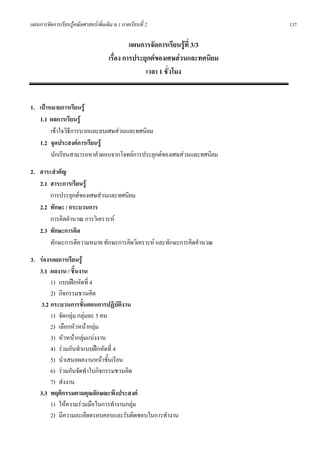 แผนการจัดการเรียนรูคณิตศาสตรเพิ่มเติม ม.1 ภาคเรียนที่ 2                     137

                                               แผนการจัดการเรียนรูที่ 3/3
                                      เรื่อง การประยุกตของเศษสวนและทศนิยม
                                                    เวลา 1 ชั่วโมง


1. เปาหมายการเรียนรู
   1.1 ผลการเรียนรู
        เขาใจวิธีการบวกและลบเศษสวนและทศนิยม
   1.2 จุดประสงคการเรียนรู
        นักเรียนสามารถหาคําตอบจากโจทยการประยุกตของเศษสวนและทศนิยม
2. สาระสําคัญ
   2.1 สาระการเรียนรู
       การประยุกตของเศษสวนและทศนิยม
   2.2 ทักษะ / กระบวนการ
       การคิดคํานวณ การวิเคราะห
   2.3 ทักษะการคิด
       ทักษะการตีความหมาย ทักษะการคิดวิเคราะห และทักษะการคิดคํานวณ
3. รองรอยการเรียนรู
   3.1 ผลงาน / ชิ้นงาน
        1) แบบฝกหัดที่ 4
        2) กิจกรรมชวนคิด
    3.2 กระบวนการขั้นตอนการปฏิบัติงาน
        1) จัดกลุม กลุมละ 5 คน
        2) เลือกหัวหนากลุม
        3) หัวหนากลุมแบงงาน
        4) รวมกันทําแบบฝกหัดที่ 4
        5) นําเสนอผลงานหนาชั้นเรียน
        6) รวมกันจัดทําใบกิจกรรมชวนคิด
        7) สงงาน
   3.3 พฤติกรรมตามคุณลักษณะพึงประสงค
        1) ใหความรวมมือในการทํางานกลุม
        2) มีความละเอียดรอบคอบและรับผิดชอบในการทํางาน
 