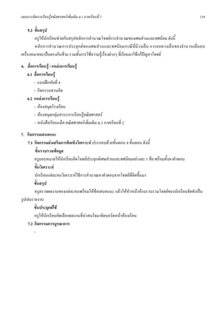 แผนการจัดการเรียนรูคณิตศาสตรเพิ่มเติม ม.1 ภาคเรียนที่ 2                                         139

     5.2 ขั้นสรุป
         ครูใหนักเรียนชวยกันสรุปหลักการคํานวณโจทยการคํานวณของเศษสวนและทศนิยม ดังนี้
         หลักการคํานวณการประยุกตของเศษสวนและทศนิยมกรณี ที่มีวงเล็บ การถอดวงเล็บของจํานวนเต็มลบ
เครื่องหมายจะเปนตรงกันขาม รวมทั้งการใชความรูเรื่องตางๆ ที่เรียนมาใชแกปญหาโจทย
6. สื่อการเรียนรู / แหลงการเรียนรู
   6.1 สื่อการเรียนรู
        - แบบฝกหัดที่ 4
        - กิจกรรมชวนคิด
   6.2 แหลงการเรียนรู
        - หองสมุดโรงเรียน
        - หองสมุดกลุมสาระการเรียนรูคณิตศาสตร
        - หนังสือเรียนแม็ค คณิตศาสตรเพิ่มเติม ม.1 ภาคเรียนที่ 2
7. กิจกรรมเสนอแนะ
    7.1 กิจกรรมสงเสริมการคิดเชิงวิเคราะห ประกอบดวยขั้นตอน 4 ขั้นตอน ดังนี้
         ขั้นรวบรวมขอมูล
        ครูมอบหมายใหนักเรียนคิดโจทยประยุกตเศษสวนและทศนิยมอยางละ 1 ขอ พรอมทั้งหาคําตอบ
        ขั้นวิเคราะห
         นักเรียนแตละคนวิเคราะหวิธีการคํานวณหาคําตอบจากโจทยท่คิดขึ้นมา
                                                                  ี
        ขั้นสรุป
         ครูตรวจผลงานของแตละคนพรอมใหขอเสนอแนะ แลวใหหัวหนาหองรวบรวมโจทยของนักเรียนจัดทําเปน
รูปเลมรายงาน
        ขั้นประยุกตใช
        ครูใหนักเรียนคัดเลือกผลงานที่นาสนใจมาจัดบอรดหนาหองเรียน
                                        
    7.2 กิจกรรมการบูรณาการ
        -
 