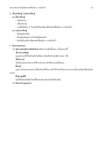 แผนการจัดการเรียนรูคณิตศาสตรเพิ่มเติม ม.1 ภาคเรียนที่ 2                                          152

6. สื่อการเรียนรู / แหลงการเรียนรู
   6.1 สื่อการเรียนรู
        - บัตรกิจกรรม
        - เครื่องคํานวณ
        - แบบฝกหัดที่ 6-12 ในหนังสือเรียนแม็ค คณิตศาสตรเพิ่มเติม ม.1 ภาคเรียนที่ 2
   6.2 แหลงการเรียนรู
        - หองสมุดโรงเรียน
        - หองสมุดกลุมสาระการเรียนรูคณิตศาสตร
        - หนังสือเรียนแม็ค คณิตศาสตรเพิ่มเติม ม.1 ภาคเรียนที่ 2
7. กิจกรรมเสนอแนะ
   7.1 กิจกรรมสงเสริมการคิดเชิงวิเคราะห ประกอบดวยขั้นตอน 4 ขั้นตอน ดังนี้
        ขั้นรวบรวมขอมูล
        ครูมอบหมายใหนักเรียนคิดโจทยสมการเชิงเสนตัวแปรเดียว คนละ 5 ขอ
        ขั้นวิเคราะห
        นักเรียนแตละคนวิเคราะหวิธีการคํานวณ โดยใหครบตามที่เรียนมา
        ขั้นสรุป
        ครูตรวจคําตอบจากสมการที่นักเรียนคิดขึ้นมา แลวให หัวหนาหองรวบรวมงานทั้งหมดจัดทําเปนรูปเลม
รายงาน
        ขั้นประยุกตใช
        ครูใหนกเรียนคัดเลือกโจทยที่นาสนใจมาจัดบอรดหนาหองเรียน
                ั                     
    7.2 กิจกรรมการบูรณาการ
        -
 