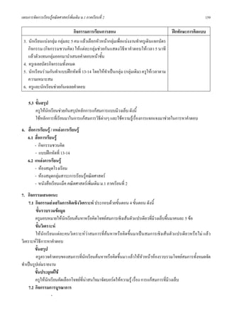 แผนการจัดการเรียนรูคณิตศาสตรเพิ่มเติม ม.1 ภาคเรียนที่ 2                                               159

                                   กิจกรรมการเรียนการสอน                                ฝกทักษะการคิดแบบ
 3. นักเรียนแบงกลุม กลุมละ 5 คน แลวเลือกหัวหนากลุมเพื่อแบงงานทําครูเดินแจกบัตร
    กิจกรรม (กิจกรรมชวนคิด) ใหแตละกลุมชวยกันแสดงวิธีหาคําตอบใหเวลา 5 นาที
    แลวตัวแทนกลุมออกมานําเสนอคําตอบหนาชั้น
 4. ครูเฉลยบัตรกิจกรรมทั้งหมด
 5. นักเรียนรวมกันทําแบบฝกหัดที่ 13-14 โดยใหทําเปนกลุม (กลุมเดิม) ครูใหเวลาตาม
    ความเหมาะสม
 6. ครูและนักเรียนชวยกันเฉลยคําตอบ

    5.3 ขั้นสรุป
        ครูใหนักเรียนชวยกันสรุปหลักการแกสมการแบบมีวงเล็บ ดังนี้
        ใชหลักการที่เรียนมาในการแกสมการวิธีตางๆ และใชความรูเรื่องการแจกแจงมาชวยในการหาคําตอบ
6. สื่อการเรียนรู / แหลงการเรียนรู
   6.1 สื่อการเรียนรู
        - กิจกรรมชวนคิด
        - แบบฝกหัดที่ 13-14
   6.2 แหลงการเรียนรู
        - หองสมุดโรงเรียน
        - หองสมุดกลุมสาระการเรียนรูคณิตศาสตร
        - หนังสือเรียนแม็ค คณิตศาสตรเพิ่มเติม ม.1 ภาคเรียนที่ 2
7. กิจกรรมเสนอแนะ
     7.1 กิจกรรมสงเสริมการคิดเชิงวิเคราะห ประกอบดวยขั้นตอน 4 ขั้นตอน ดังนี้
         ขั้นรวบรวมขอมูล
         ครูมอบหมายใหนักเรียนคนหาหรือคิดโจทยสมการเชิงเสนตัวแปรเดียวที่มีวงเล็บขึ้นมาคนละ 5 ขอ
         ขั้นวิเคราะห
         ใหนักเรียนแตละคนวิเคราะหวาสมการที่คนหาหรือคิดขึ้นมาเปนสมการเชิงเสนตัวแปรเดียวหรือไม แลว
วิเคราะหวิธีการหาคําตอบ
         ขั้นสรุป
         ครูตรวจคําตอบของสมการที่นักเรียนคนหาหรือคิดขึ้นมา แลวใหหัวหนาหองรวบรวมโจทยสมการทั้งหมดจัด
ทําเปนรูปเลมรายงาน
         ขั้นประยุกตใช
         ครูใหนักเรียนคัดเลือกโจทยที่นาสนใจมาจัดบอรดใหความรู เรื่อง การแกสมการที่มีวงเล็บ
     7.2 กิจกรรมการบูรณาการ
                   -
 