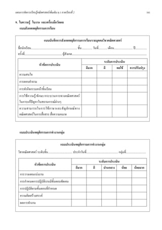 แผนการจัดการเรียนรูคณิตศาสตรเพิ่มเติม ม.1 ภาคเรียนที่ 2                                                                                                                      161

9. ใบความรู ใบงาน และเครื่องมือวัดผล
   แบบสังเกตพฤติกรรมการเรียน

                                     แบบบันทึกการสังเกตพฤติกรรมการเรียนรายบุคคลวิชาคณิตศาสตร
  ชื่อนักเรียน................................................................ ชั้น............... วันที่............ เดือน.......................... ป................
  ครั้งที่.................................................... ผูสังเกต........................................................................................................
                                                                                                                     ระดับการประเมิน
                              หัวขอการประเมิน
                                                                                             ดีมาก                   ดี       พอใช                     ควรปรับปรุง
   ความสนใจ
   การตอบคําถาม
   การทํากิจกรรมหนาชั้นเรียน
   การใชความรู/ทักษะ/กระบวนการทางคณิตศาสตร
   ในการแกปญหาในสถานการณตางๆ
   ความสามารถในการใช ภ าษาและสั ญ ลั ก ษณ ท าง
   คณิตศาสตรในการสื่อสาร สื่อความหมาย



    แบบประเมินพฤติกรรมการทํางานกลุม

                                                           แบบประเมินพฤติกรรมการทํางานกลุม
  วิชาคณิตศาสตร ระดับชั้น.................................. ประจําวันที่............................................ กลุมที่............................

                                                                                                          ระดับการประเมิน
                        หัวขอการประเมิน
                                                                               ดีมาก                   ดี    ปานกลาง      นอย                                นอยมาก
    การวางแผนแบงงาน
    การกําหนดการปฏิบัติงานมีขั้นตอนชัดเจน
    การปฏิบัติตามขั้นตอนที่กําหนด
    ความคิดสรางสรรค
    ผลการทํางาน
 