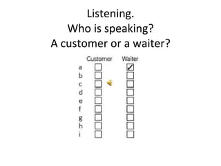 Listening. Who is speaking? A customer or a waiter? 