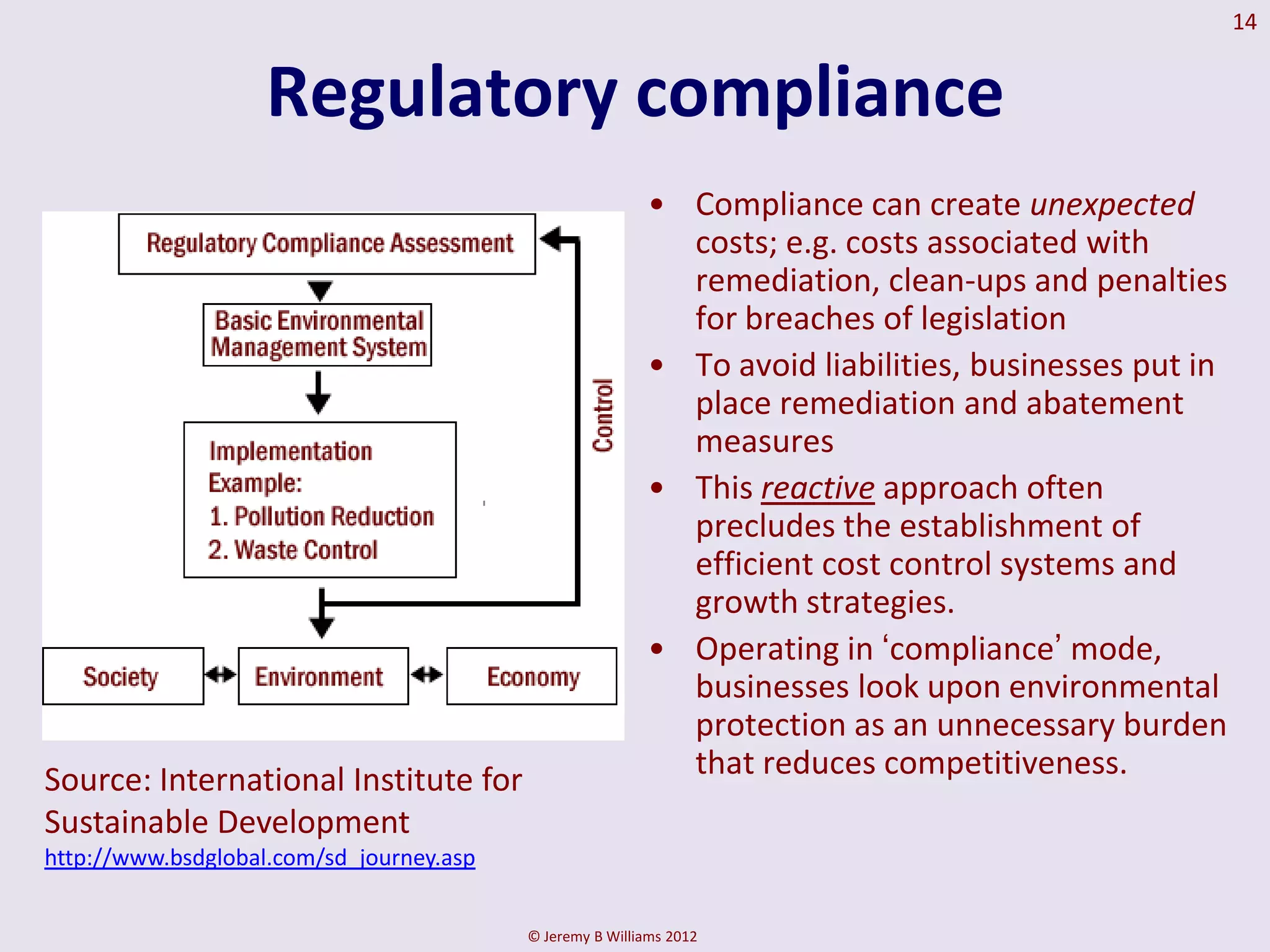 14


                    Regulatory compliance
                                                          • Compliance can create unexpected
                                                            costs; e.g. costs associated with
                                                            remediation, clean-ups and penalties
                                                            for breaches of legislation
                                                          • To avoid liabilities, businesses put in
                                                            place remediation and abatement
                                                            measures
                                                          • This reactive approach often
                                                            precludes the establishment of
                                                            efficient cost control systems and
                                                            growth strategies.
                                                          • Operating in ‘compliance’ mode,
                                                            businesses look upon environmental
                                                            protection as an unnecessary burden
Source: International Institute for                         that reduces competitiveness.
Sustainable Development
http://www.bsdglobal.com/sd_journey.asp


                                          © Jeremy B Williams 2012
 