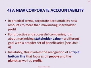 17




 4) A NEW CORPORATE ACCOUNTABILITY

• In practical terms, corporate accountability now
  amounts to more than maximising shareholder
  profit
• For proactive and successful companies, it is
  about maximising stakeholder value – a different
  goal with a broader set of beneficiaries (see Unit
  4)
• Inevitably, this involves the recognition of a triple
  bottom line that focuses on people and the
  planet as well as profit.
                        © Jeremy B Williams 2012
 