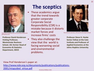 22


                                                            The sceptics
                                                         • These academics argue
                                                           that the trend towards
                                                           greater corporate
                                                           Corporate Social
                                                           Responsibility (CSR) is a
                                                           mistake because it distorts
http://www.companydirectors.com.au/conference/0cont/b/
                                                           market forces and         http://www.jhu.edu/news_info/news/faculty/images/hanke.gif
gl/henderson.html
                                                           increase firms’ costs
 Professor David Henderson                                                                 Professor Steve H. Hanke
 Visiting Professor,                                     • They also challenge the         Senior Fellow at the Cato
 Westminster Business                                      view that the world is          Institute and Professor of
 School, UK; former Head of                                                                Applied Economics at the
 Economics & Statistics
                                                           facing worsening social         Johns Hopkins University
 Department, OECD                                          and environmental
                                                           problems.


   View Prof Henderson’s paper at:
   http://www.nzbr.org.nz/documents/publications/publications-
   2001/misguided_virtue.pdf       © Jeremy B Williams 2012
 
