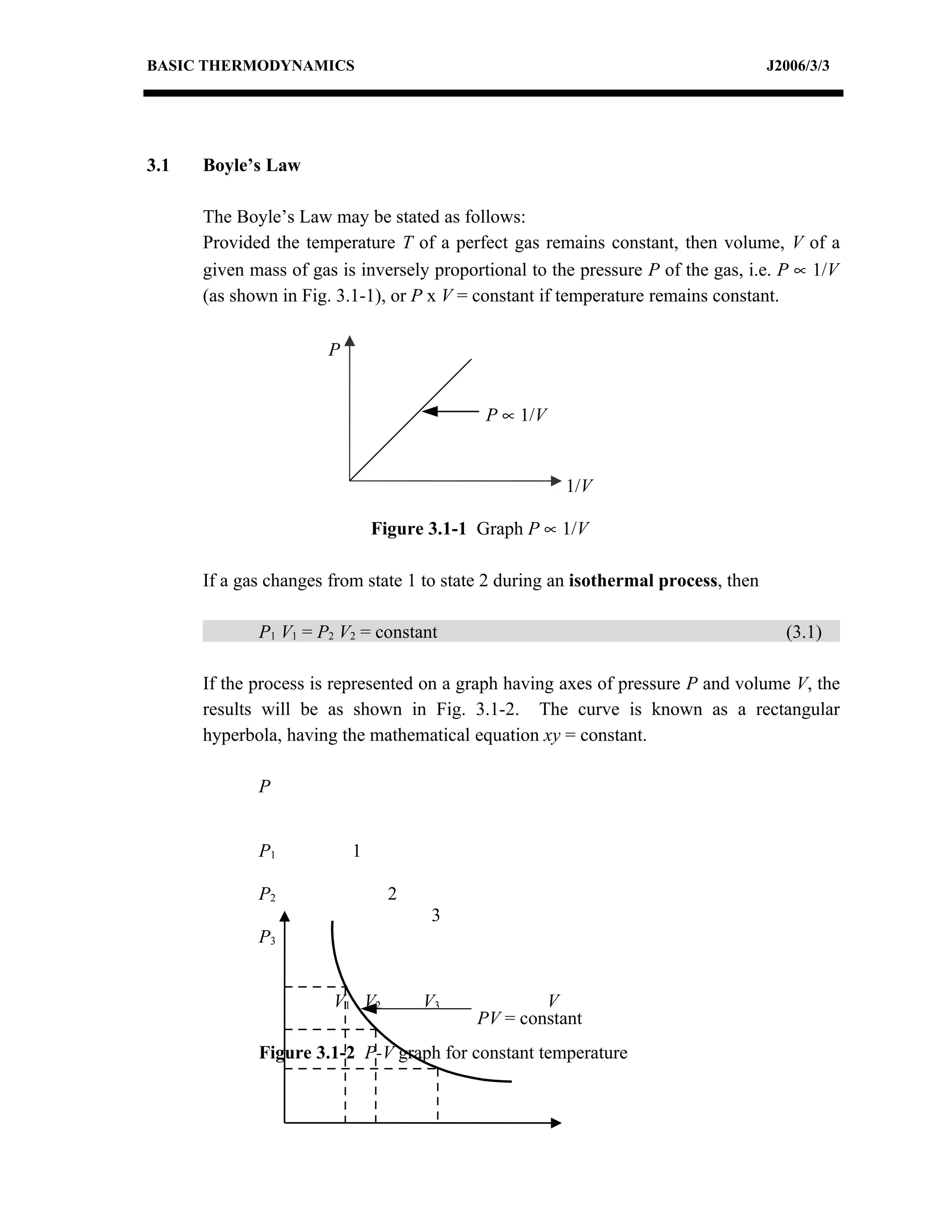 BASIC THERMODYNAMICS                                                                J2006/3/3




3.1   Boyle’s Law

      The Boyle’s Law may be stated as follows:
      Provided the temperature T of a perfect gas remains constant, then volume, V of a
      given mass of gas is inversely proportional to the pressure P of the gas, i.e. P ∝ 1/V
      (as shown in Fig. 3.1-1), or P x V = constant if temperature remains constant.

                      P


                                            P ∝ 1/V


                                                      1/V

                              Figure 3.1-1 Graph P ∝ 1/V

      If a gas changes from state 1 to state 2 during an isothermal process, then

             P1 V1 = P2 V2 = constant                                                 (3.1)

      If the process is represented on a graph having axes of pressure P and volume V, the
      results will be as shown in Fig. 3.1-2. The curve is known as a rectangular
      hyperbola, having the mathematical equation xy = constant.

             P


             P1           1

             P2                 2
                                     3
             P3


                       V1 V2        V3             V
                                           PV = constant
             Figure 3.1-2 P-V graph for constant temperature
 