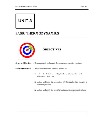 BASIC THERMODYNAMICS                                                               J2006/3/1




   UNIT 3

BASIC THERMODYNAMICS



                                  OBJECTIVES



General Objective     : To understand the laws of thermodynamics and its constants.

Specific Objectives : At the end of the unit you will be able to:

                           define the definitions of Boyle’s Law, Charles’ Law and
                            Universal Gases Law

                           define and show the application of the specific heat capacity at
                            constant pressure

                           define and apply the specific heat capacity at constant volume
 
