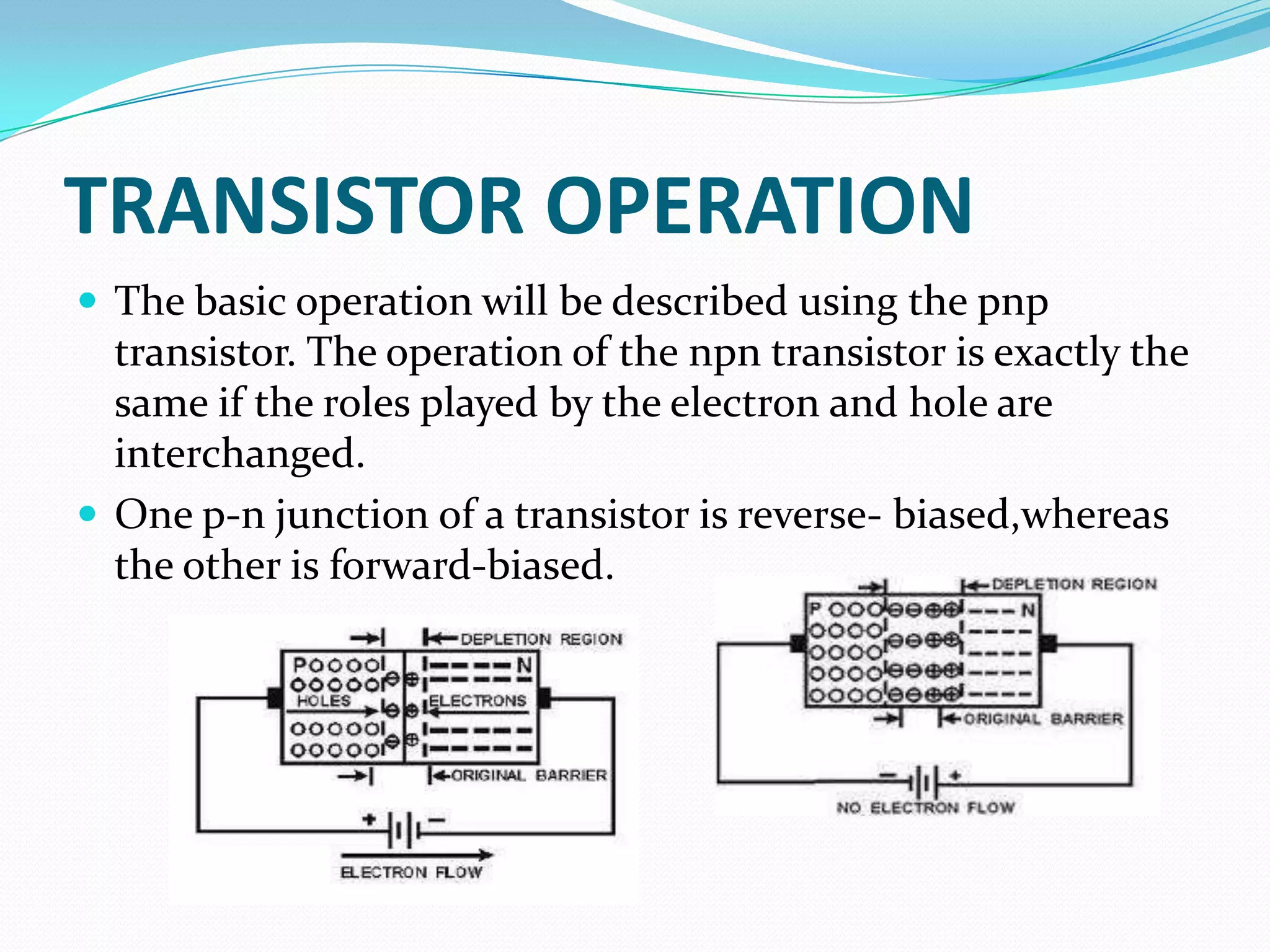 TRANSISTOR OPERATION
 The basic operation will be described using the pnp
  transistor. The operation of the npn transistor is exactly the
  same if the roles played by the electron and hole are
  interchanged.
 One p-n junction of a transistor is reverse- biased,whereas
  the other is forward-biased.
 
