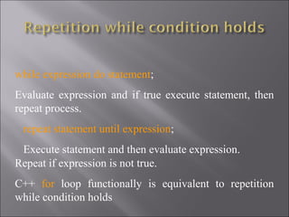 while expression do statement;
Evaluate expression and if true execute statement, then
repeat process.
 repeat statement until expression;
 Execute statement and then evaluate expression.
Repeat if expression is not true.
C++ for loop functionally is equivalent to repetition
while condition holds
 