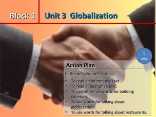 Block 1Block 1 Unit 3 GlobalizationUnit 3 Globalization
Action PlanAction Plan
In this unit, you will learn:In this unit, you will learn:
• To read an informative text .To read an informative text .
• To read a descriptive text.To read a descriptive text.
• To use reference words for buildingTo use reference words for building
cohesion.cohesion.
• To use words for talking aboutTo use words for talking about
globalization.globalization.
• To use words for talking about restaurants.To use words for talking about restaurants.
Action PlanAction Plan
In this unit, you will learn:In this unit, you will learn:
• To read an informative text .To read an informative text .
• To read a descriptive text.To read a descriptive text.
• To use reference words for buildingTo use reference words for building
cohesion.cohesion.
• To use words for talking aboutTo use words for talking about
globalization.globalization.
• To use words for talking about restaurants.To use words for talking about restaurants.
5
min.
 