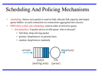Scheduling And Policing Mechanisms
•
•

scheduling: choose next packet to send on link; allocate link capacity and output
queue buffers to each connection (or connections aggregated into classes)
FIFO (first in first out) scheduling: send in order of arrival to queue
– discard policy: if packet arrives to full queue: who to discard?
• Tail drop: drop arriving packet
• priority: drop/remove on priority basis
• random: drop/remove randomly

 