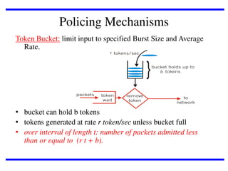 Policing Mechanisms
Token Bucket: limit input to specified Burst Size and Average
Rate.

• bucket can hold b tokens
• tokens generated at rate r token/sec unless bucket full
• over interval of length t: number of packets admitted less
than or equal to (r t + b).

 