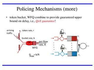 Policing Mechanisms (more)
• token bucket, WFQ combine to provide guaranteed upper
bound on delay, i.e., QoS guarantee!
arriving
traffic

token rate, r
bucket size, b

per-flow
rate, R
WFQ
D = b/R
max

 
