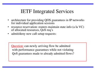 IETF Integrated Services
• architecture for providing QOS guarantees in IP networks
for individual application sessions
• resource reservation: routers maintain state info (a la VC)
of allocated resources, QoS req’s
• admit/deny new call setup requests:

Question: can newly arriving flow be admitted
with performance guarantees while not violating
QoS guarantees made to already admitted flows?

 