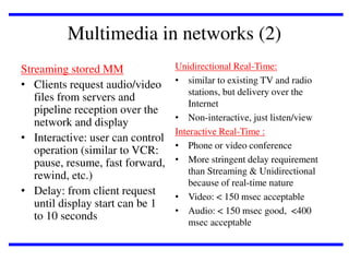 Multimedia in networks (2)
Streaming stored MM
• Clients request audio/video
files from servers and
pipeline reception over the
network and display
• Interactive: user can control
operation (similar to VCR:
pause, resume, fast forward,
rewind, etc.)
• Delay: from client request
until display start can be 1
to 10 seconds

Unidirectional Real-Time:
• similar to existing TV and radio
stations, but delivery over the
Internet
• Non-interactive, just listen/view
Interactive Real-Time :
• Phone or video conference
• More stringent delay requirement
than Streaming & Unidirectional
because of real-time nature
• Video: < 150 msec acceptable
• Audio: < 150 msec good, <400
msec acceptable

 