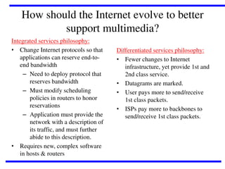 How should the Internet evolve to better
support multimedia?
Integrated services philosophy:
• Change Internet protocols so that
applications can reserve end-toend bandwidth
– Need to deploy protocol that
reserves bandwidth
– Must modify scheduling
policies in routers to honor
reservations
– Application must provide the
network with a description of
its traffic, and must further
abide to this description.
• Requires new, complex software
in hosts & routers

Differentiated services philosophy:
• Fewer changes to Internet
infrastructure, yet provide 1st and
2nd class service.
• Datagrams are marked.
• User pays more to send/receive
1st class packets.
• ISPs pay more to backbones to
send/receive 1st class packets.

 