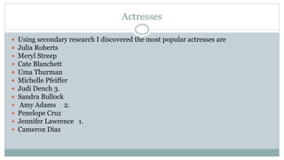 Actresses
 Using secondary research I discovered the most popular actresses are
 Julia Roberts
 Meryl Streep
 Cate Blanchett
 Uma Thurman
 Michelle Pfeiffer
 Judi Dench 3.
 Sandra Bullock
 Amy Adams 2.
 Penelope Cruz
 Jennifer Lawrence 1.
 Cameron Diaz
 