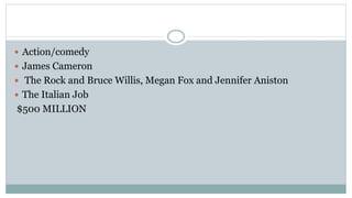  Action/comedy
 James Cameron
 The Rock and Bruce Willis, Megan Fox and Jennifer Aniston
 The Italian Job
$500 MILLION
 