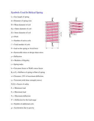 Symbols Used In Helical Spring
lo = free length of spring
d = Diameter of spring wire
D = Mean diameter of coil
Do = Outer diameter of coil
Di = Inner diameter of coil
p = Pitch
i = Number of active coils
i’ = Total number of coils
F = load on the spring or Axial force
࣎ = Permissible stress or design shear stress
y = Deflection
G = Modulus of Rigidity
c = Spring index
k = Curvature factor or Wahl's stress factor
Ko or Fo =Stiffness of spring or Rate of spring
a = Clearance, 25% of maximum deflection.
ty = Torsional yield shear strength (stress)
F.O.S = Factor of safety
F1 = Minimum load
F2 = Maximum load
Y2 = Maximum deflection
Y’ = Deflection for the load range
n = Number of additional coils
g = Acceleration due to gravity
 