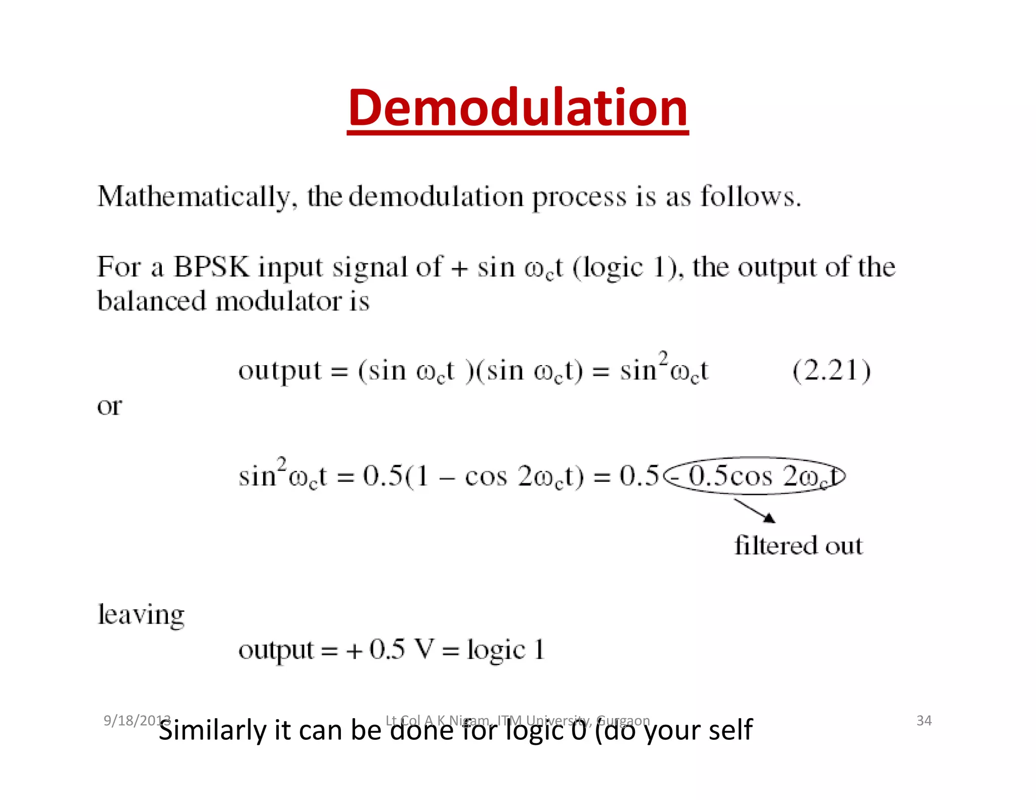 Demodulation
Similarly it can be done for logic 0 (do your self9/18/2013 34Lt Col A K Nigam, ITM University, Gurgaon
 