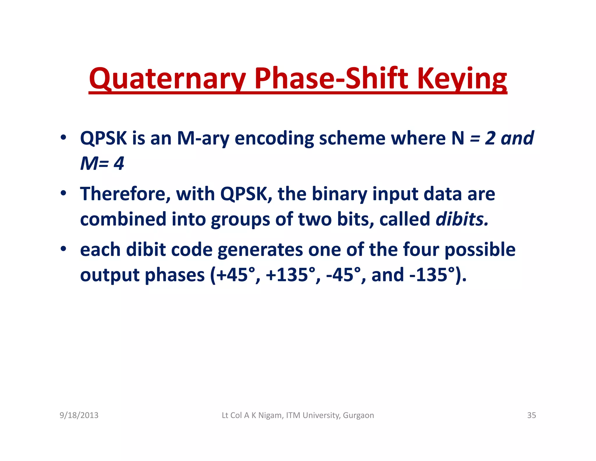 Quaternary Phase‐Shift KeyingQuaternary Phase Shift Keying
• QPSK is an M‐ary encoding scheme where N = 2 andQPSK is an M ary encoding scheme where N   2 and 
M= 4
• Therefore, with QPSK, the binary input data are , Q , y p
combined into groups of two bits, called dibits.
• each dibit code generates one of the four possible g p
output phases (+45°, +135°, ‐45°, and ‐135°).
9/18/2013 35Lt Col A K Nigam, ITM University, Gurgaon
 