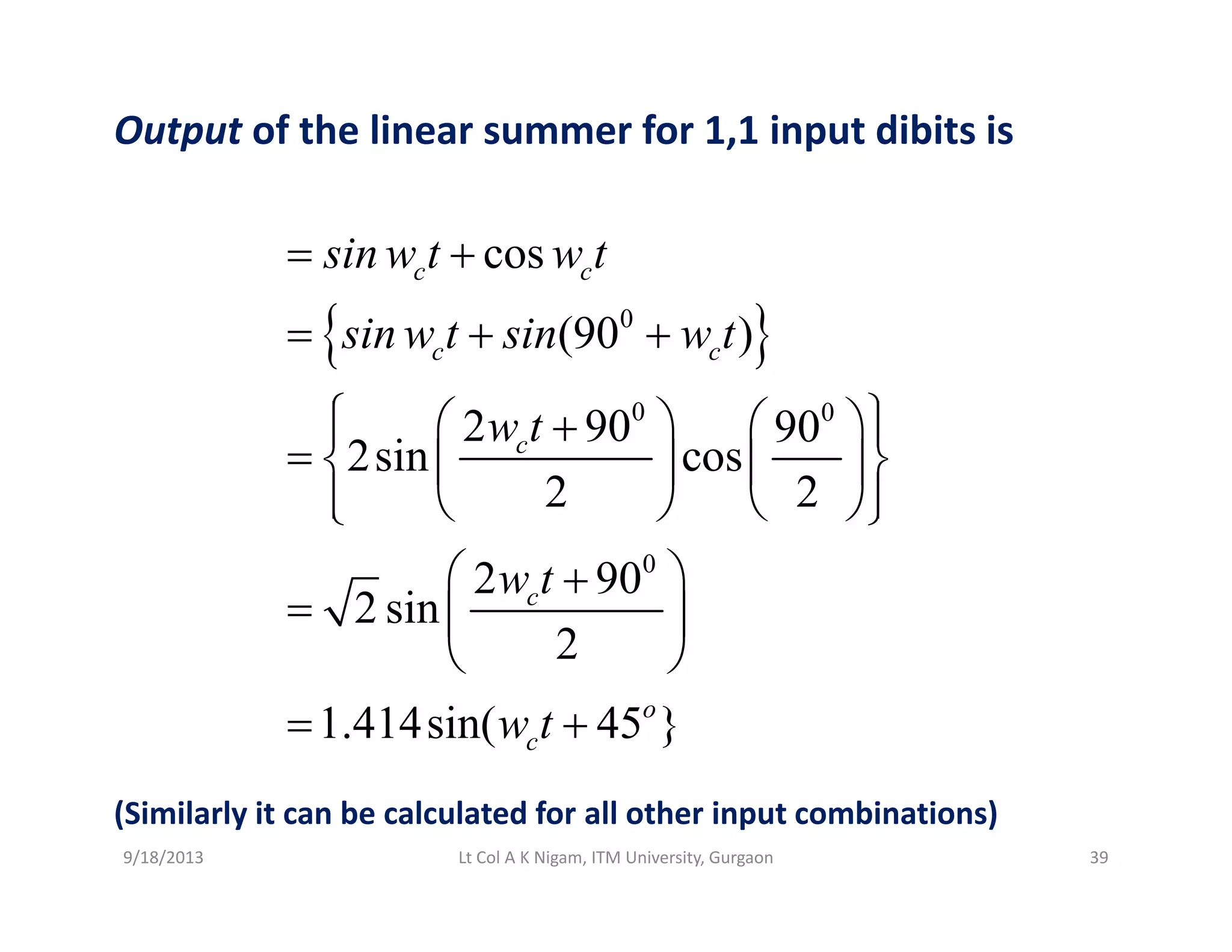 Output of the linear summer for 1,1 input dibits is
cosc csin w t w t= +
{ }0
0 0
(90 )
2 90 90
c csin w t sin w t
t
= + +
⎧ ⎫⎛ ⎞ ⎛ ⎞⎪ ⎪
0 0
2 90 90
2sin cos
2 2
cw t⎧ ⎫⎛ ⎞ ⎛ ⎞+⎪ ⎪
= ⎨ ⎬⎜ ⎟ ⎜ ⎟
⎪ ⎪⎝ ⎠⎝ ⎠⎩ ⎭
0
2 90
2 sin
2
cw t⎛ ⎞+
= ⎜ ⎟
⎝ ⎠2
1.414sin( 45 }o
cw t
⎝ ⎠
= +
(Similarly it can be calculated for all other input combinations)
9/18/2013 39Lt Col A K Nigam, ITM University, Gurgaon
 