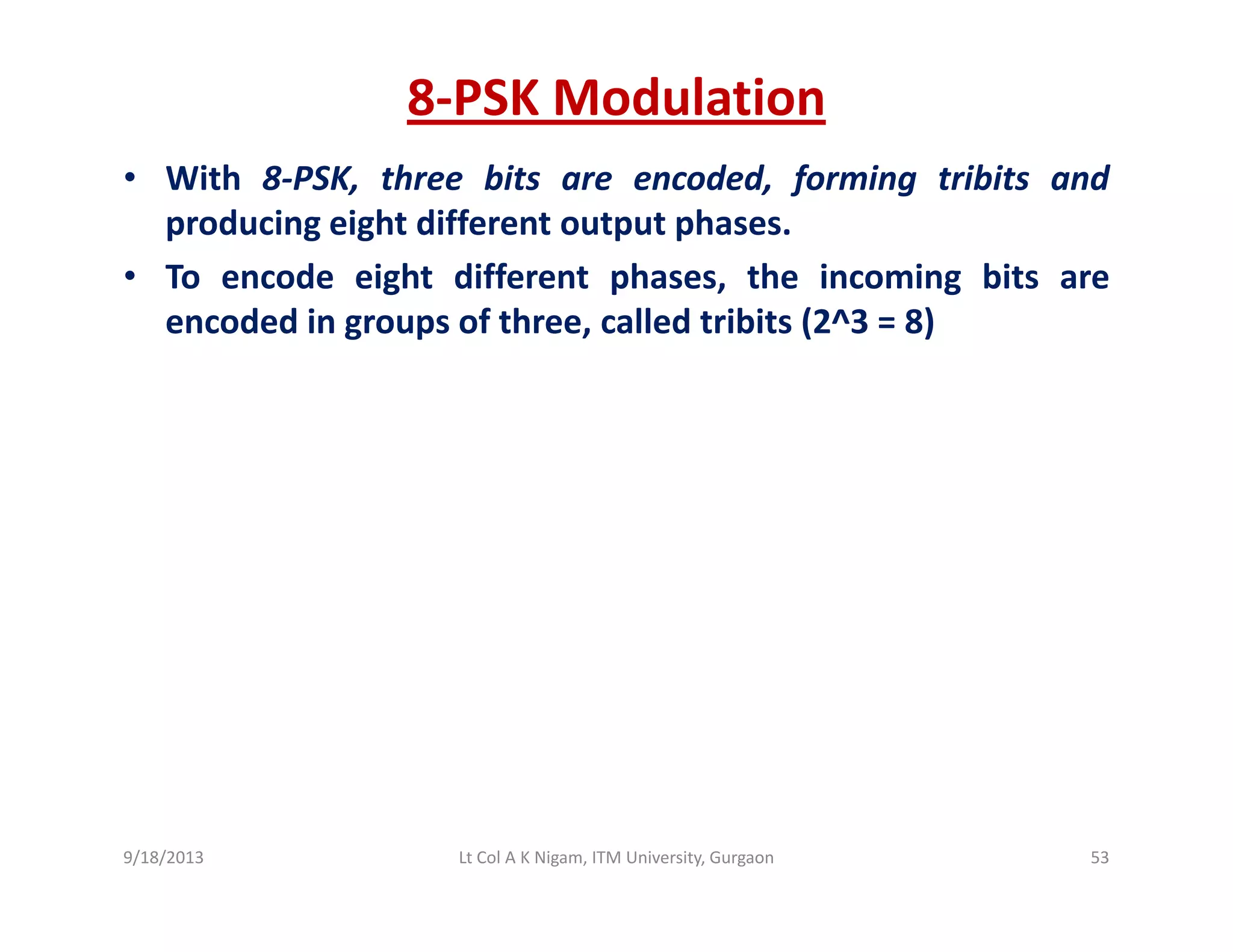 8‐PSK Modulation
• With 8 PSK three bits are encoded forming tribits and• With 8‐PSK, three bits are encoded, forming tribits and
producing eight different output phases.
• To encode eight different phases, the incoming bits are
encoded in groups of three, called tribits (2^3 = 8)
9/18/2013 53Lt Col A K Nigam, ITM University, Gurgaon
 