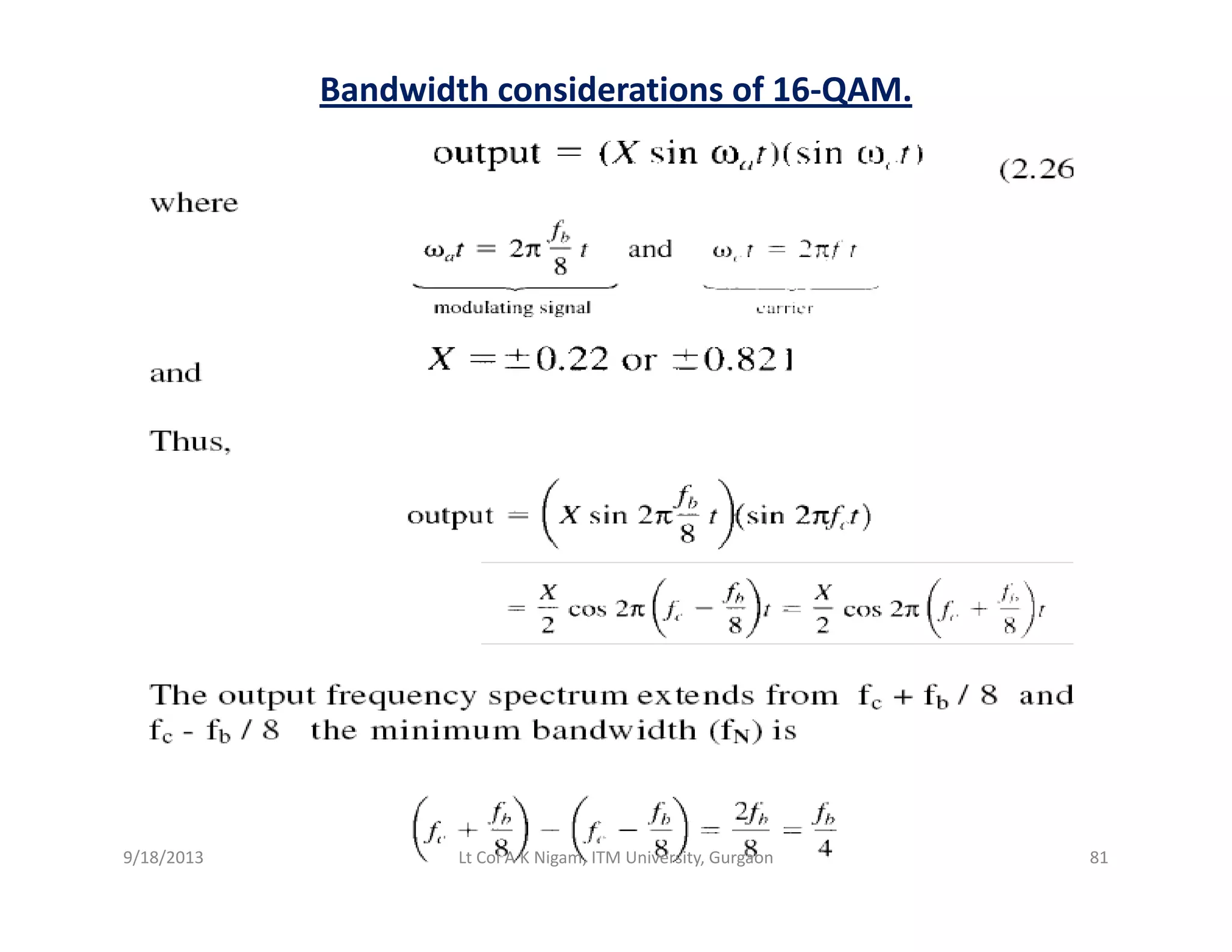 Bandwidth considerations of 16‐QAM.
9/18/2013 81Lt Col A K Nigam, ITM University, Gurgaon
 