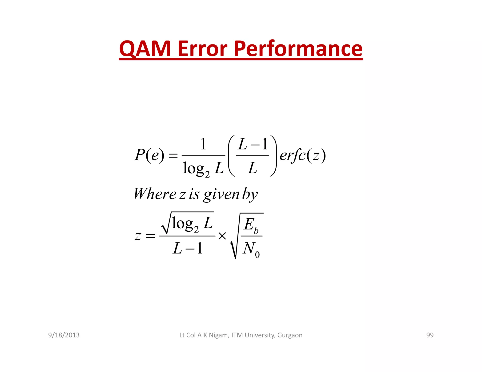 QAM Error Performance
1 1
( ) ( )
l
L
P e erfc z
L L
−⎛ ⎞
= ⎜ ⎟
⎝ ⎠2
( ) ( )
log
f
L L
Where zis givenby
⎜ ⎟
⎝ ⎠
2
0
log
1
b
L E
z
L N
= ×
− 0
9/18/2013 99Lt Col A K Nigam, ITM University, Gurgaon
 