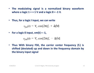 • The modulating signal is a normalized binary waveform
where a logic 1 = + 1 V and a logic 0 = ‐1 V.g g
• Thus, for a logic l input, we can write
F l i 0 i ( ) 1• For a logic 0 input, vm(t) = ‐1,
• Thus With binary FSK, the carrier center frequency (fc) is
shifted (deviated) up and down in the frequency domain by
the binary input signal
9/18/2013 13Lt Col A K Nigam, ITM University, Gurgaon
 