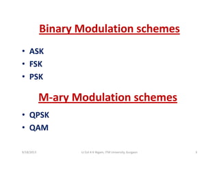 Binary Modulation schemesBinary Modulation schemes
• ASKASK
• FSK
S• PSK
M M d l ti h
• QPSK
M‐ary Modulation schemes
QPSK
• QAM
9/18/2013 3Lt Col A K Nigam, ITM University, Gurgaon
 