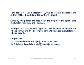 l i d l i h ibl h• For a logic 1 = + 1 and a logic 0= ‐ 1 , two phases are possible at the
output of the –I modulator (+sinwct and ‐ sinwct)
Si il l t h ibl t th t t f th Q b l d• Similarly two phases are possible at the output of the Q balanced
modulator (+coswct), and (‐coswct).
• For input of Q =I= 1 the two inputs to the I balanced modulator are• For input of Q =I= 1, the two inputs to the I balanced modulator are 
+1 and sinwct, and The two inputs to the Q balanced modulator are 
+1 and coswct.
• Outputs are
(a) I balanced modulator =(+1)(sinwct) = +1 sinwct
(b) Q balanced modulator =(+1)(coswct) = +1 coswct(b) Q balanced modulator  (+1)(coswct)   +1 coswct
9/18/2013 38Lt Col A K Nigam, ITM University, Gurgaon
 