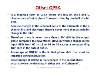 Offset QPSK.
I difi d f f QPSK h h bi h I d Q• Is a modified form of QPSK where the bits on the I and Q
channels are offset in phase from each other by one‐half of a bit
time.
• Because changes in the i channel occur at the midpoints of the q
channel bits and vice versa, there is never more than a single bit
change in the dibitchange in the dibit
• Therefore, there is never more than a 90° shift in the output
phase compared to conventional QPSK in which a change in thep p g
input dibit from 00 to 11 or 01 to 10 causes a corresponding
180° shift in the output phase.
Ad t f OQPSK i th li it d h hift th t t b• Advantage of OQPSK is the limited phase shift that must be
imparted during modulation.
• disadvantage of OQPSK is that changes in the output phase g Q g p p
occur at twice the data rate in either the I or Q channel".
9/18/2013 50Lt Col A K Nigam, ITM University, Gurgaon
 