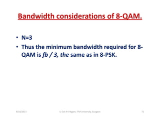 Bandwidth considerations of 8‐QAM.
• N=3N=3
• Thus the minimum bandwidth required for 8‐
QAM is fb / 3 the same as in 8 PSKQAM is fb / 3, the same as in 8‐PSK.
9/18/2013 71Lt Col A K Nigam, ITM University, Gurgaon
 