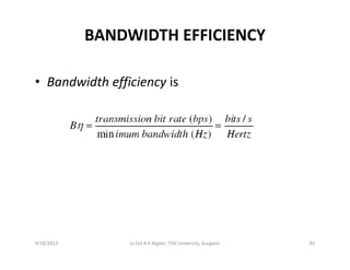 BANDWIDTH EFFICIENCY
• Bandwidth efficiency isBandwidth efficiency is
9/18/2013 82Lt Col A K Nigam, ITM University, Gurgaon
 