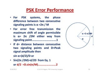 PSK Error Performance
• For PSK systems, the phase
difference between two consecutive
i li i t i 2 / Msignaling points is α =2π / M
• For error free transmission the
maximum shift of angle permissible α =2 π/2Mg p
is α= 2π /2M either way from
signaling point…………………………….1
If d di b i
α =2 π/2M
d
D
• If d= distance between consecutive
two signaling points and D=Peak
signal amplitude then
sin α=(d/2)/D or
• Sin(2π /2M)=d/2D from Eq. 1
or d/2 =D.sin(π/M)…………………….2
9/18/2013 93Lt Col A K Nigam, ITM University, Gurgaon
 