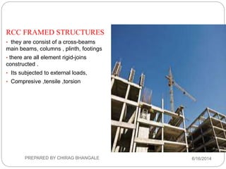RCC FRAMED STRUCTURES
• they are consist of a cross-beams
main beams, columns , plinth, footings
• there are all element rigid-joins
constructed .
• Its subjected to external loads,
• Compresive ,tensile ,torsion
6/16/2014PREPARED BY CHIRAG BHANGALE
 