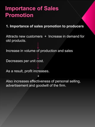 1. Importance of sales promotion to producers
Attracts new customers + Increase in demand for
old products.
Increase in volume of production and sales
Decreases per unit cost.
As a result, profit increases.
+
Also increases effectiveness of personal selling,
advertisement and goodwill of the firm.
 