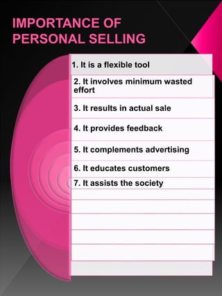 1. It is a flexible tool
2. It involves minimum wasted
effort
3. It results in actual sale
4. It provides feedback
5. It complements advertising
6. It educates customers
7. It assists the society
 
