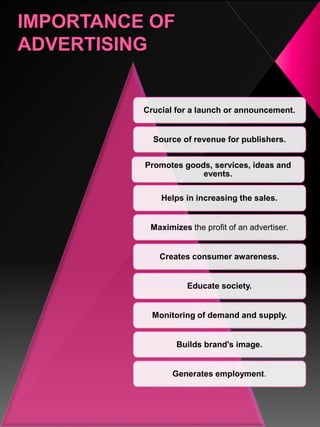 Crucial for a launch or announcement.
Source of revenue for publishers.
Promotes goods, services, ideas and
events.
Helps in increasing the sales.
Maximizes the profit of an advertiser.
Creates consumer awareness.
Educate society.
Monitoring of demand and supply.
Builds brand's image.
Generates employment.
 