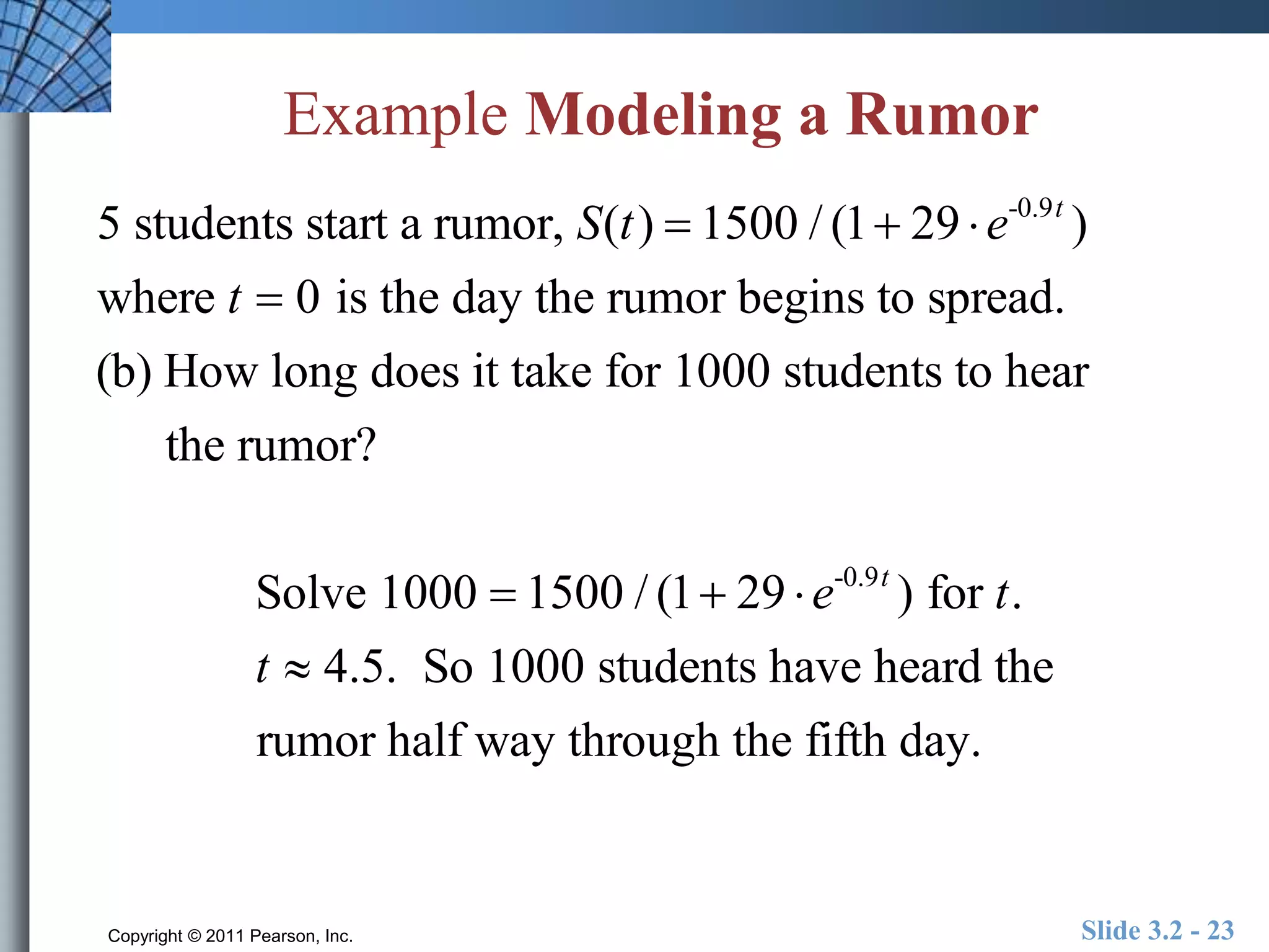 Example Modeling a Rumor 
5 students start a rumor, S(t )  1500 / (1 29  e-0.9t ) 
where t  0 is the day the rumor begins to spread. 
(b) How long does it take for 1000 students to hear 
the rumor? 
Solve 1000  1500 / (1 29  e-0.9t ) for t. 
t  4.5. So 1000 students have heard the 
rumor half way through the fifth day. 
Copyright © 2011 Pearson, Inc. Slide 3.2 - 23 
 
