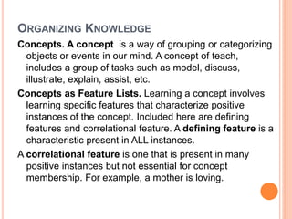 ORGANIZING KNOWLEDGE 
Concepts. A concept is a way of grouping or categorizing 
objects or events in our mind. A concept of teach, 
includes a group of tasks such as model, discuss, 
illustrate, explain, assist, etc. 
Concepts as Feature Lists. Learning a concept involves 
learning specific features that characterize positive 
instances of the concept. Included here are defining 
features and correlational feature. A defining feature is a 
characteristic present in ALL instances. 
A correlational feature is one that is present in many 
positive instances but not essential for concept 
membership. For example, a mother is loving. 
 