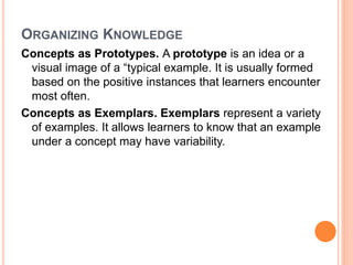 ORGANIZING KNOWLEDGE 
Concepts as Prototypes. A prototype is an idea or a 
visual image of a “typical example. It is usually formed 
based on the positive instances that learners encounter 
most often. 
Concepts as Exemplars. Exemplars represent a variety 
of examples. It allows learners to know that an example 
under a concept may have variability. 
 