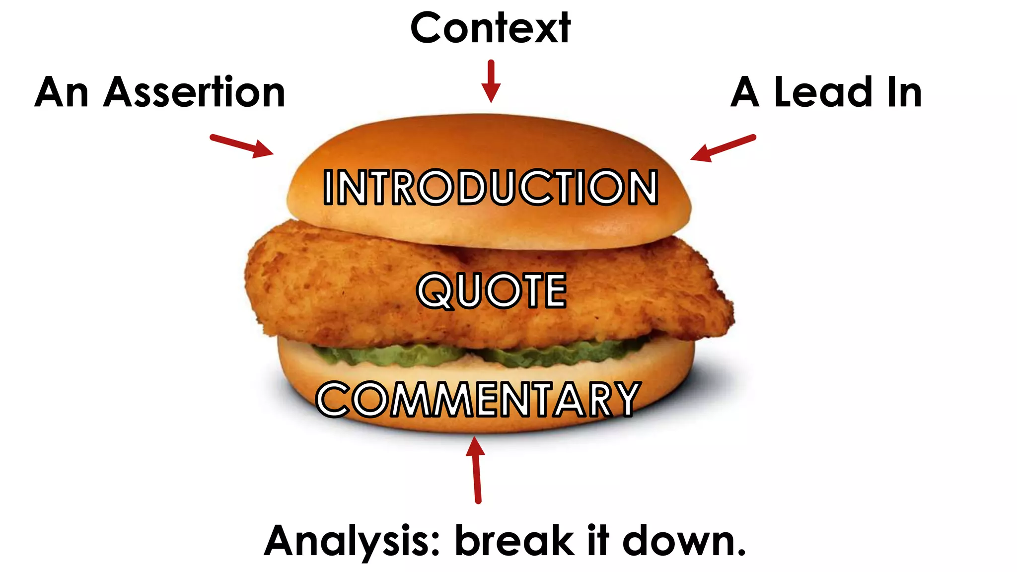 An Assertion 
Context 
A Lead In 
Analysis: break it down. 
 
